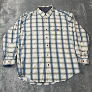 Orvis Mens Long Sleeve Button Down Size Large Snap Shirt Blue Cream Tan Plaid